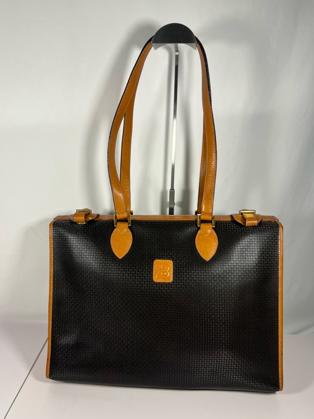 3077: Vintage Bally Micro B Monogram Black & Tan Leather Tote